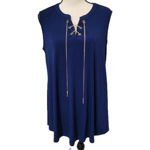 NEW DIRECTIONS Large Sleeveless Top‎ Jersey Knit Gold Chain Embellished Navy